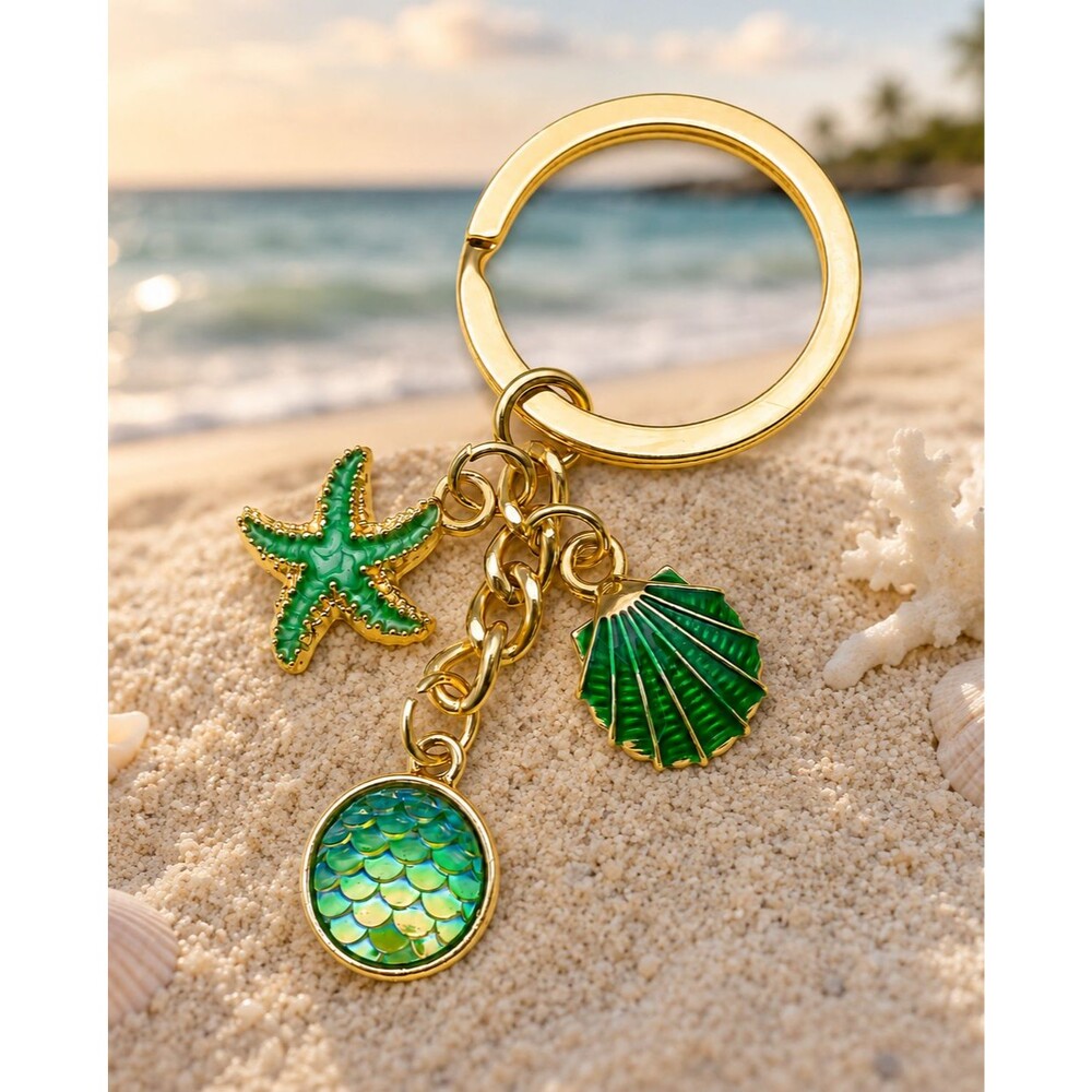 Gold Plated Green Enamel Starfish Shell Mermaid Scale Keychain Bag Charm NIP